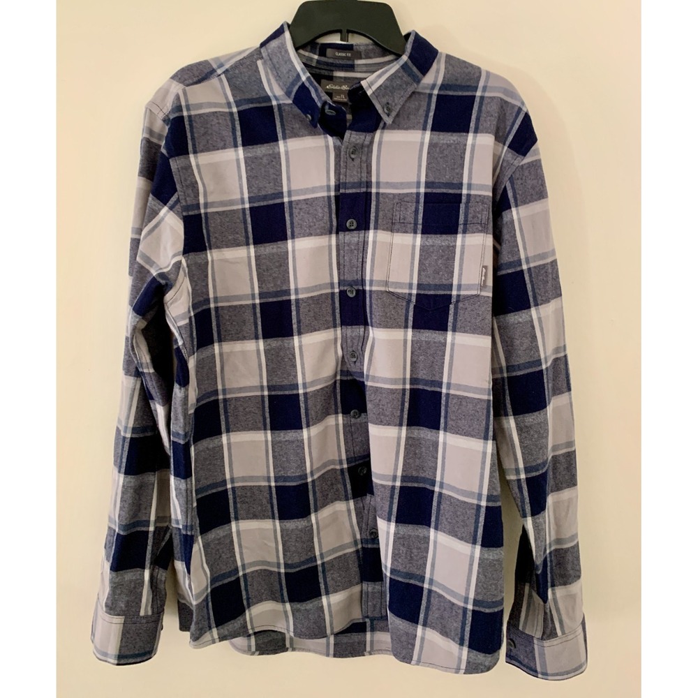 Eddie Bauer Large Tall Cotton Shirt Black Gray Check Button Down Casual Fall Win